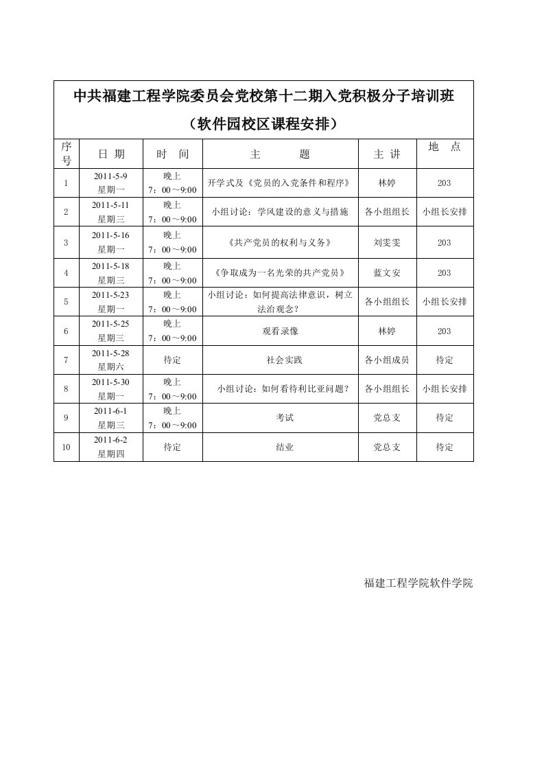 第12期入党积极分子培训课程表