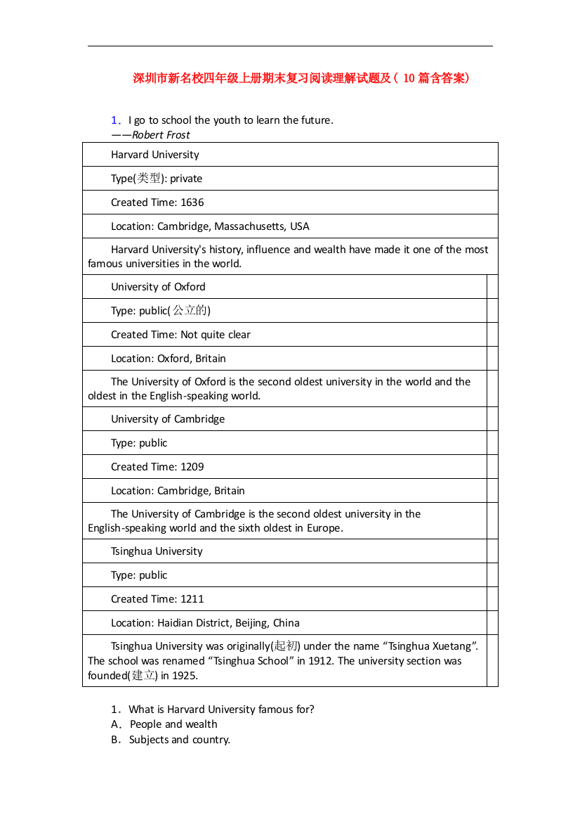 深圳市新名校四年级上册期末复习阅读理解试题及(-10篇含答案)