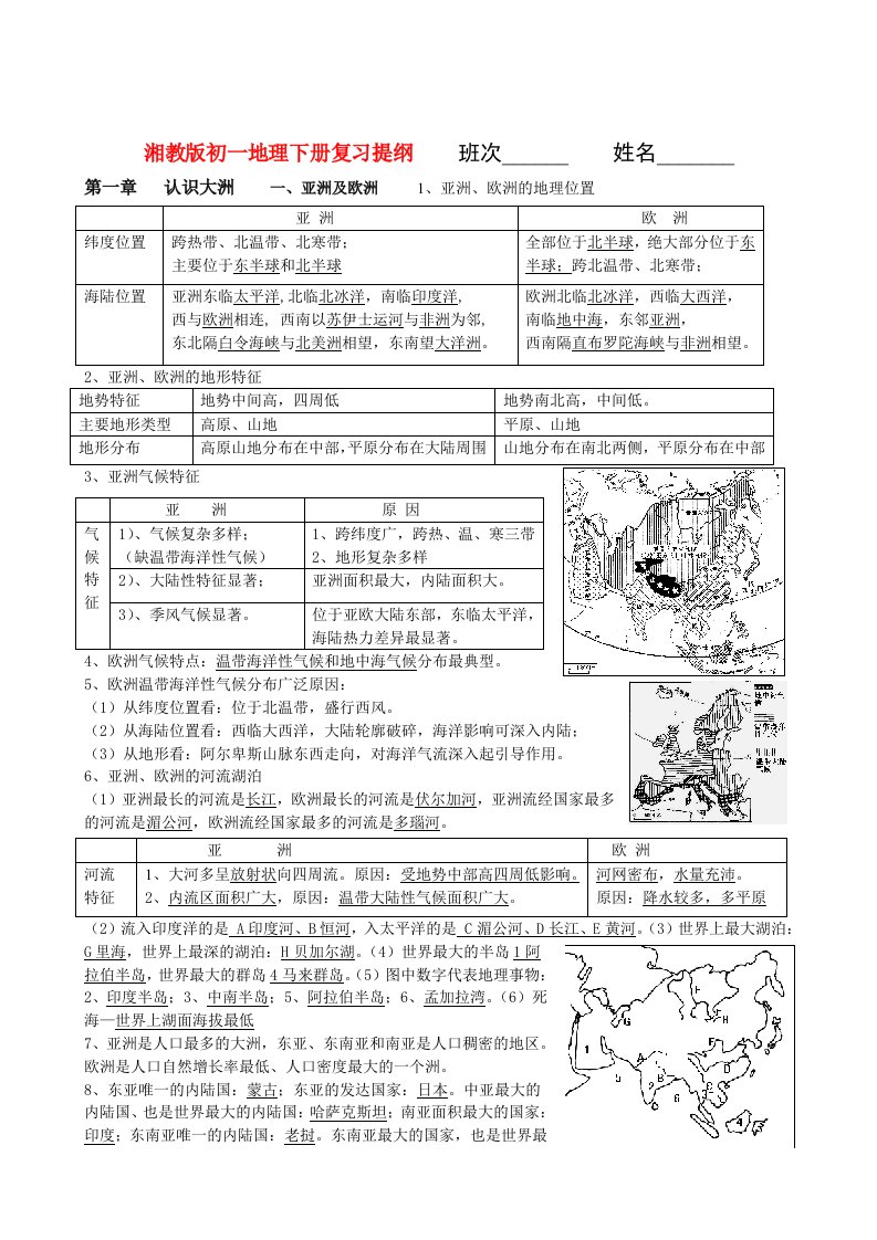 2013年湘教版初一地理下册新复习提纲