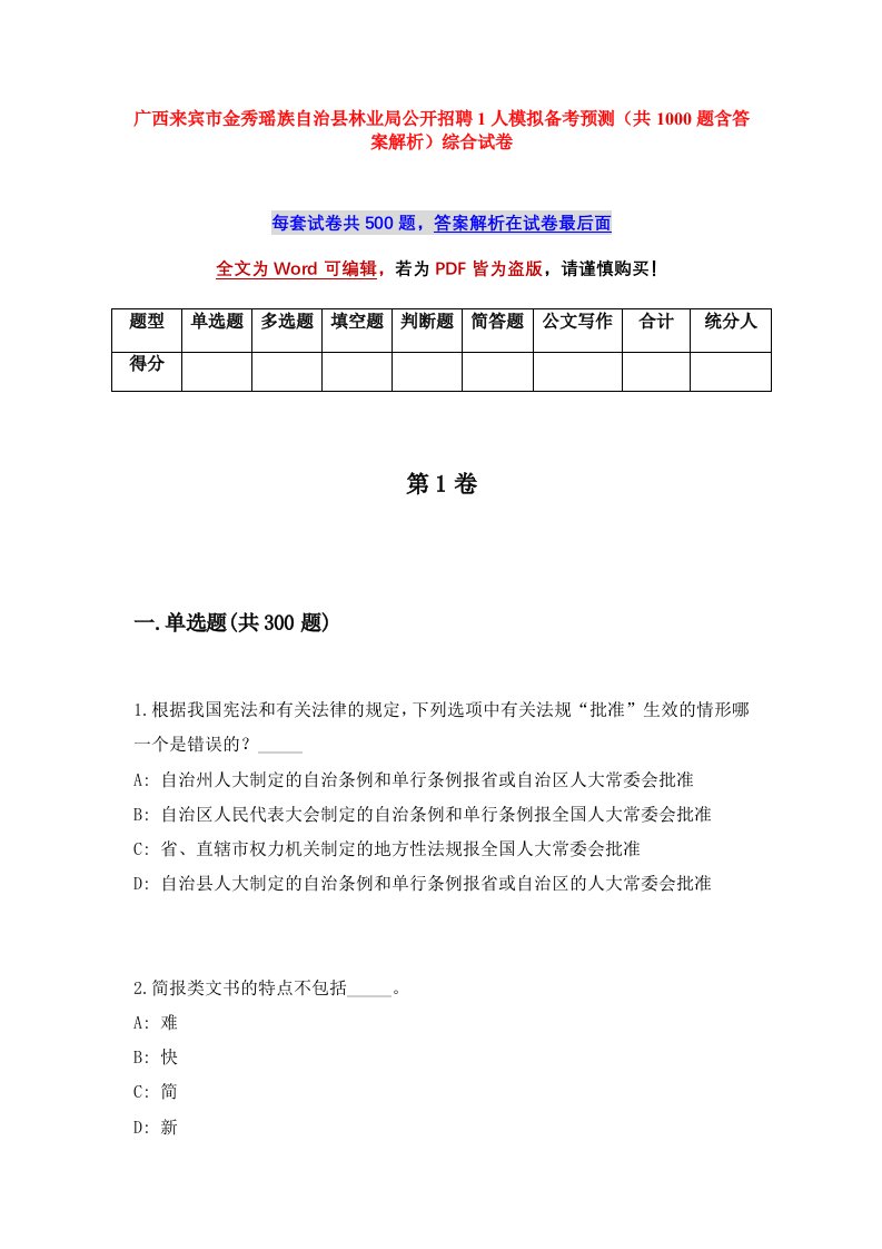 广西来宾市金秀瑶族自治县林业局公开招聘1人模拟备考预测共1000题含答案解析综合试卷