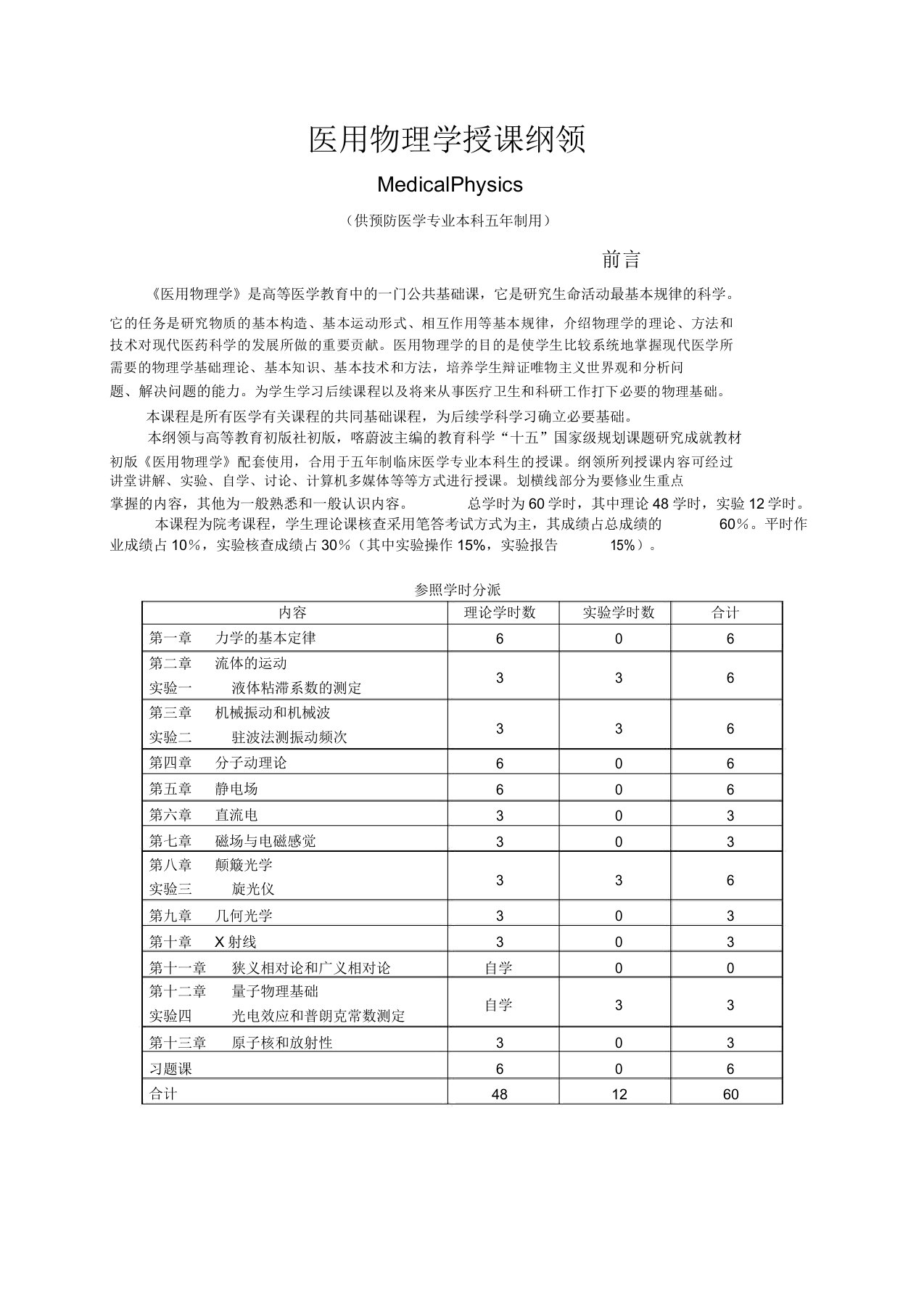 医学物理学教学大纲