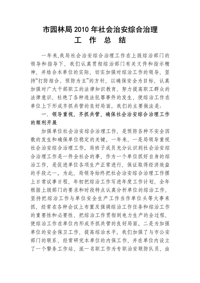 2010年社会治安综合治理总做总结