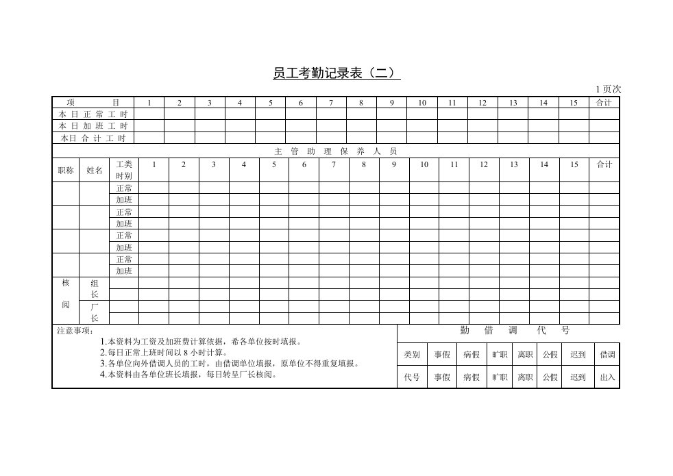 员工考勤记录表格模板