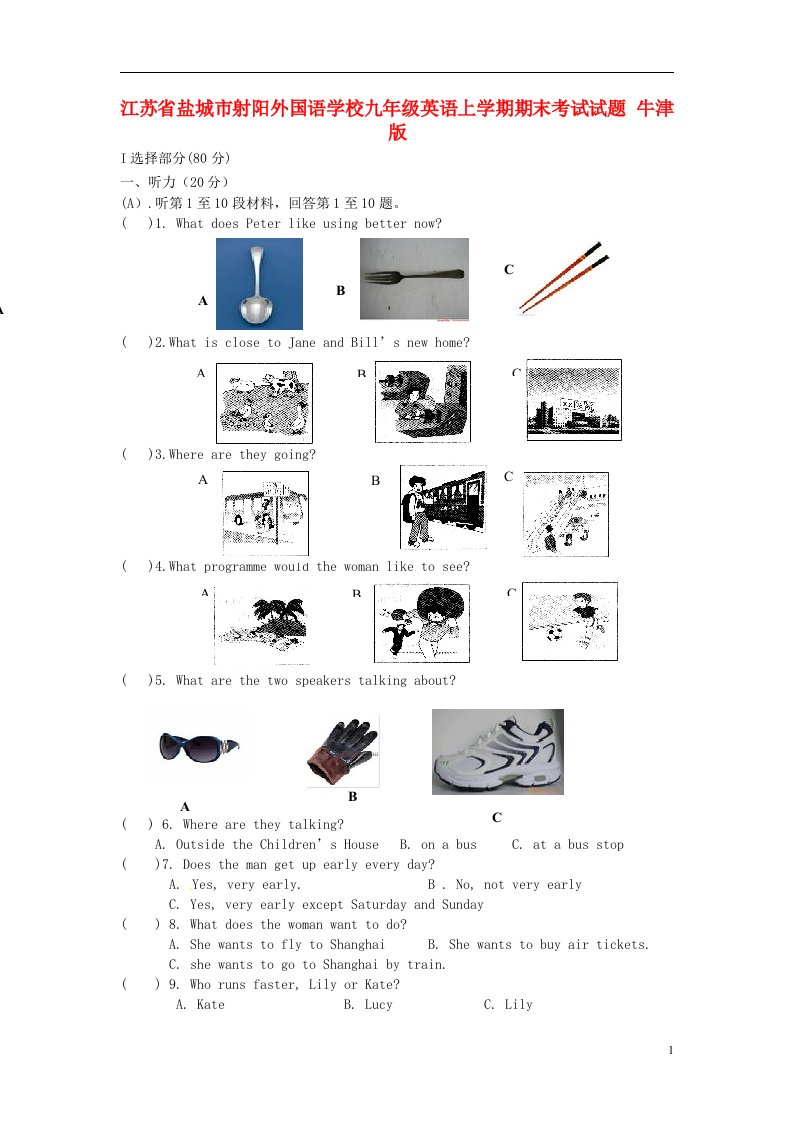 江苏省盐城市九级英语上学期期末考试试题