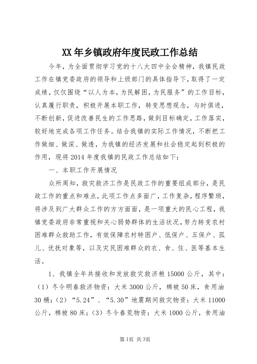 XX年乡镇政府年度民政工作总结