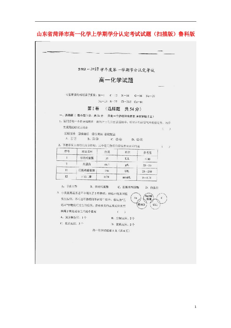 山东省菏泽市高一化学上学期学分认定考试试题（扫描版）鲁科版