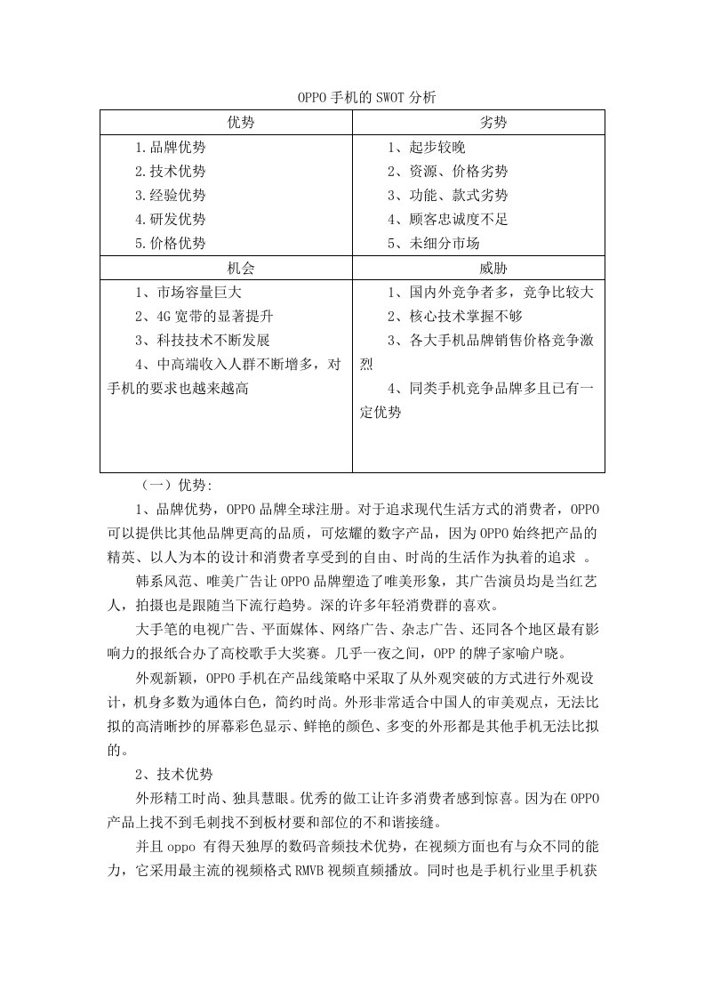 OPPO手机的SWOT分析