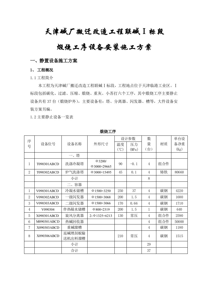 天津碱厂搬迁改造工程联碱Ⅰ标段煅烧工序设备安装施工方案