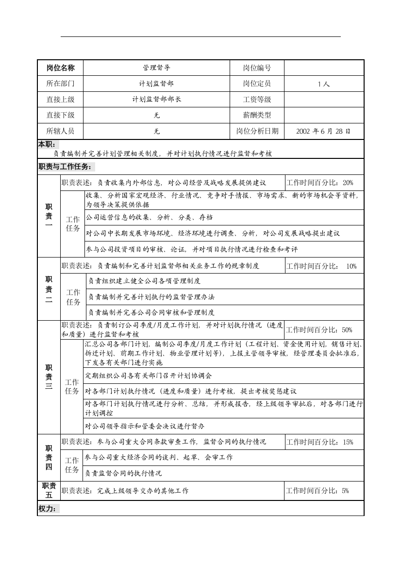 明达集团计划监督部管理督导职务说明书