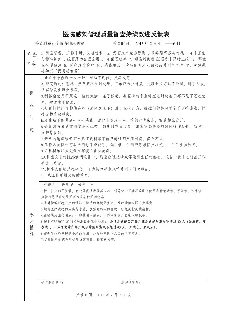 医院感染管理质量督查持续改进反馈表