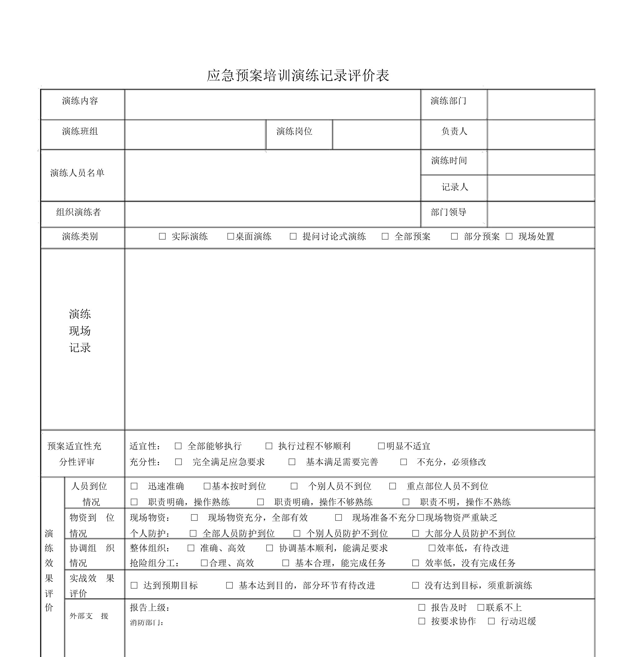 应急预案培训演练记录评价表