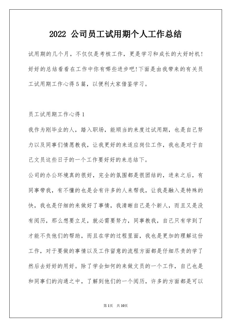 2022公司员工试用期个人工作总结