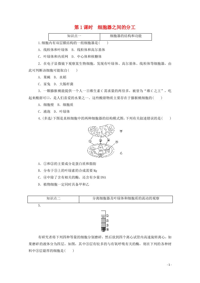 2020_2021学年新教材高中生物第3章细胞的基本结构2.1细胞器之间的分工层级训练含解析新人教版必修第一册