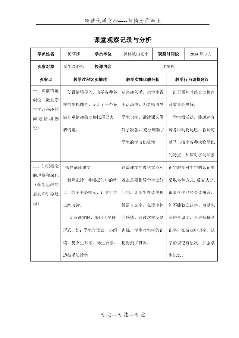 小学语文课堂观察记录与分析(共2页)