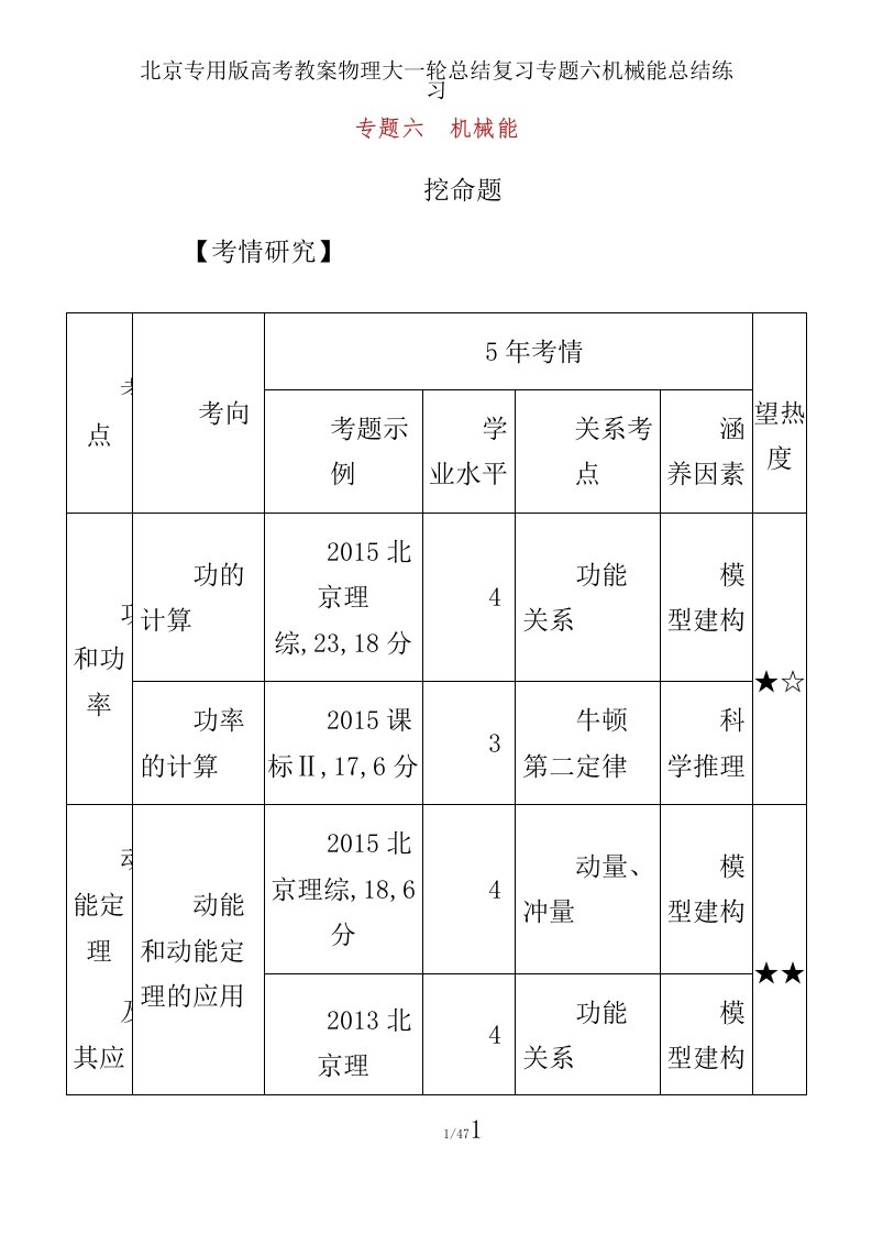 北京专用版高考教案物理大一轮总结复习专题六机械能总结练习