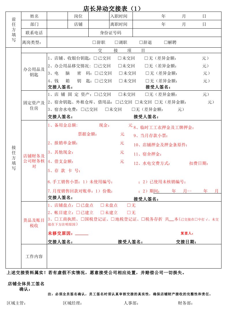 HR-店铺店长异动工作交接表