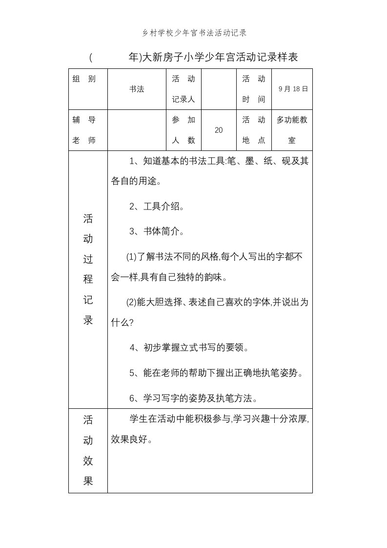 乡村学校少年宫书法活动记录