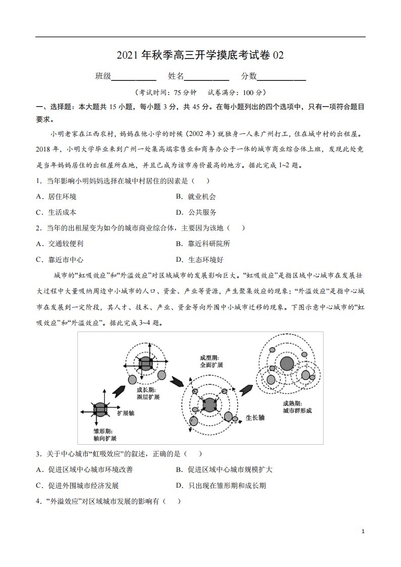 2021年秋季高三地理开学摸底考试卷02(山东专用)(原卷版)