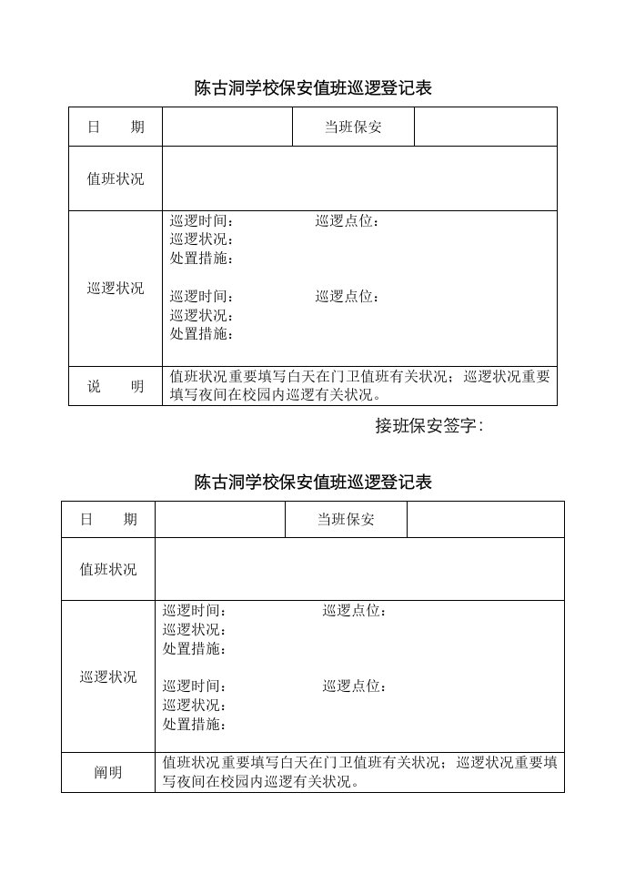 学校保安值班巡查记录表