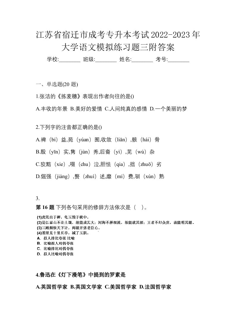 江苏省宿迁市成考专升本考试2022-2023年大学语文模拟练习题三附答案