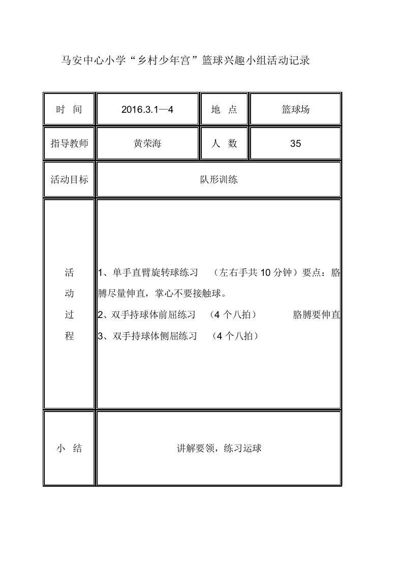 马安中心小学乡村少年宫篮球小组活动记录