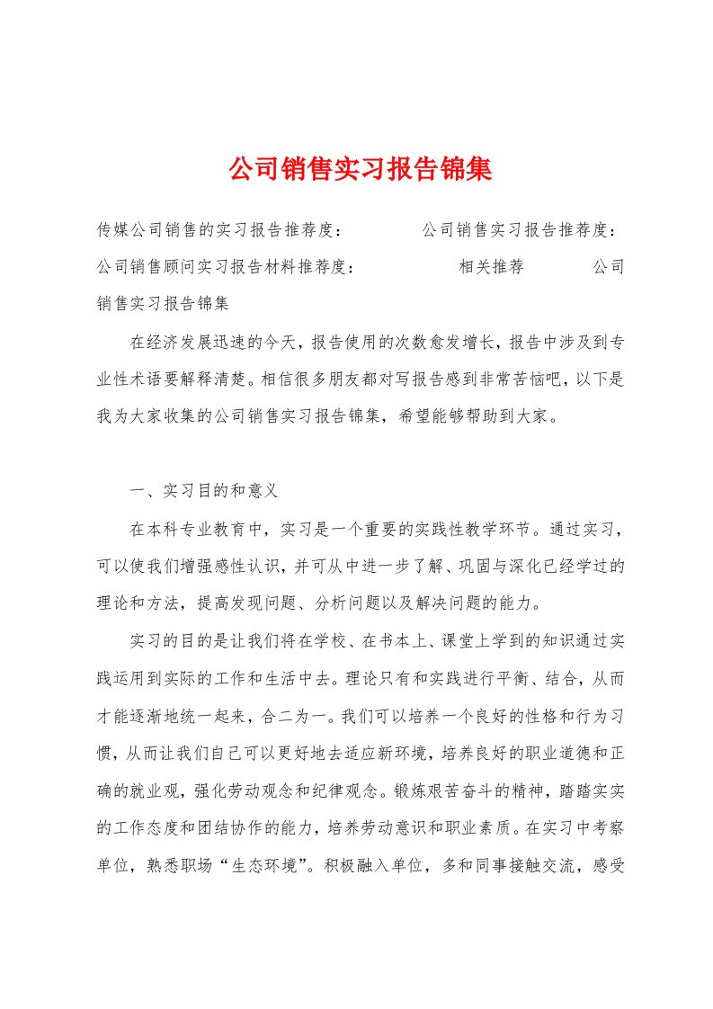 公司销售实习报告锦集