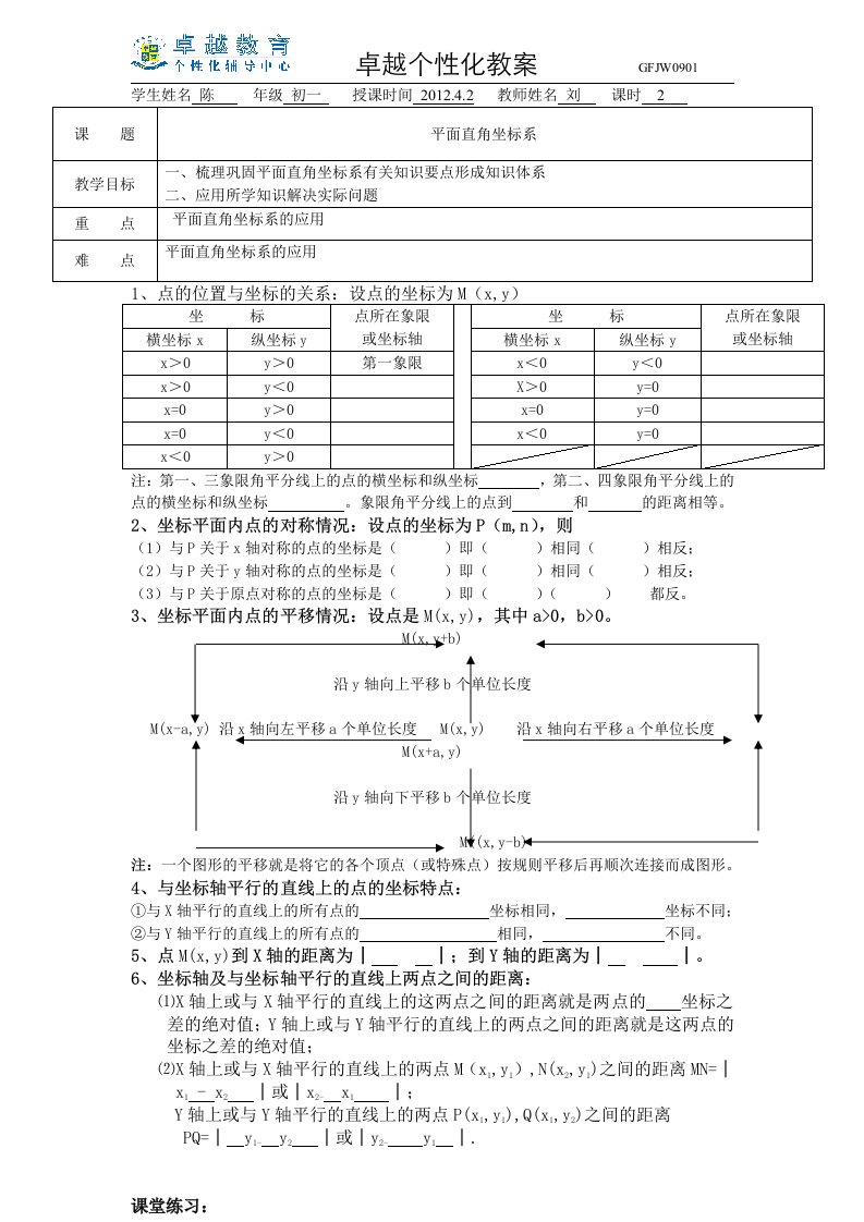 初一数学平面直角坐标系--教学讲义