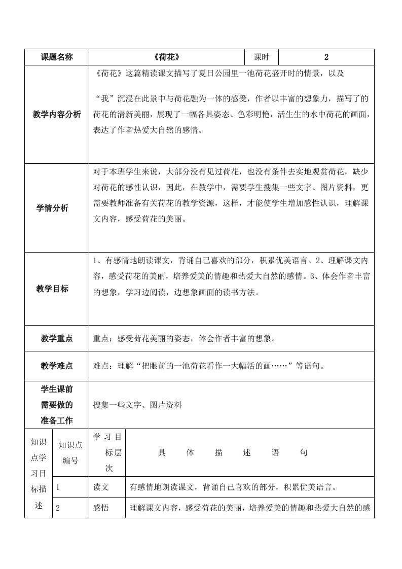 荷花教学设计(表格式)