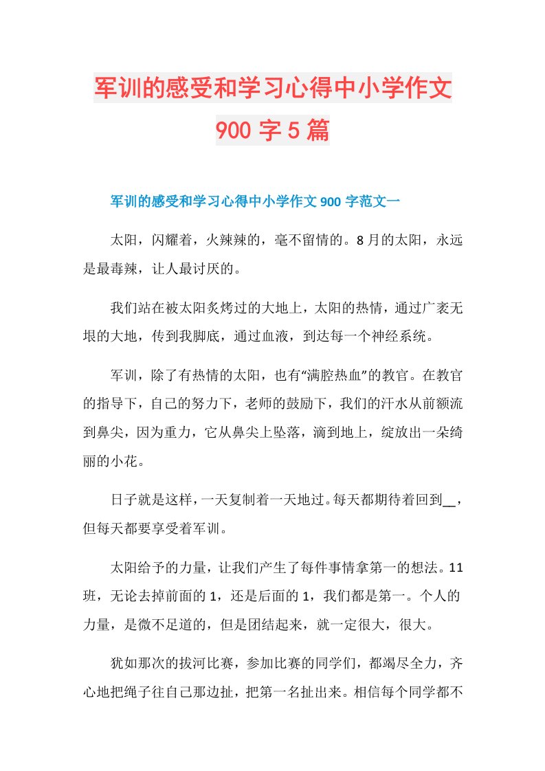 军训的感受和学习心得中小学作文900字5篇