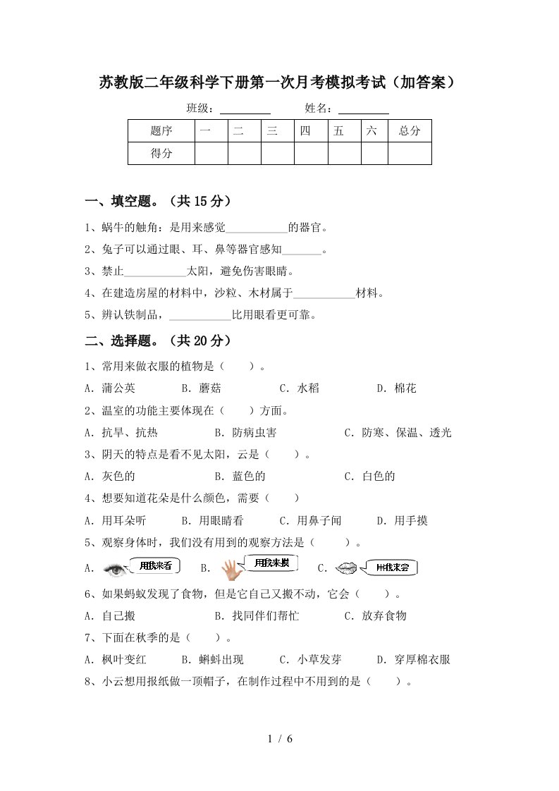 苏教版二年级科学下册第一次月考模拟考试加答案