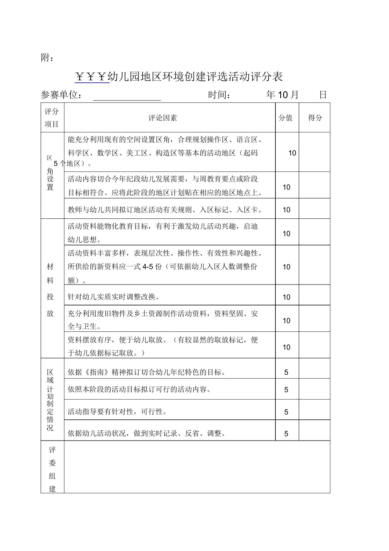 幼儿园区域区角评分表准表