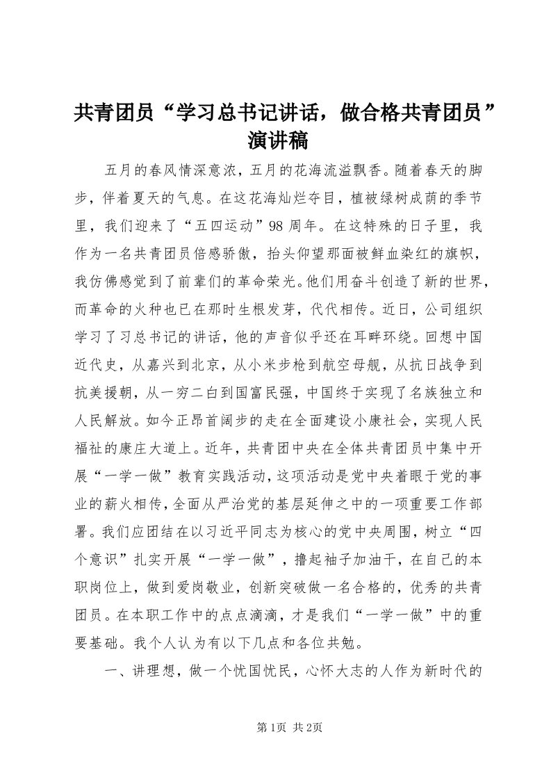 共青团员“学习总书记致辞，做合格共青团员”演讲稿