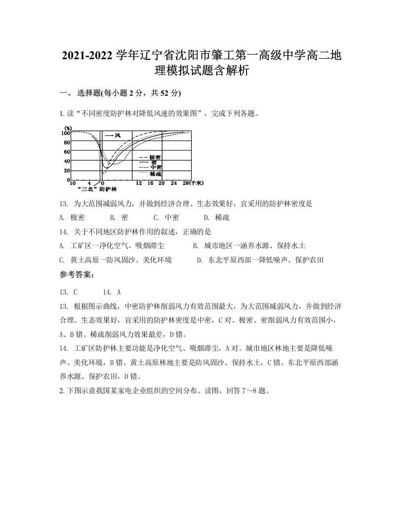 2021-2022学年辽宁省沈阳市肇工第一高级中学高二地理模拟试题含解析