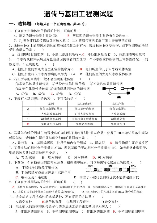 基因工程测试题