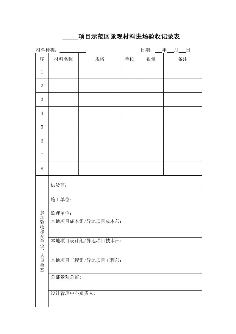 示范区景观材料进场验收单