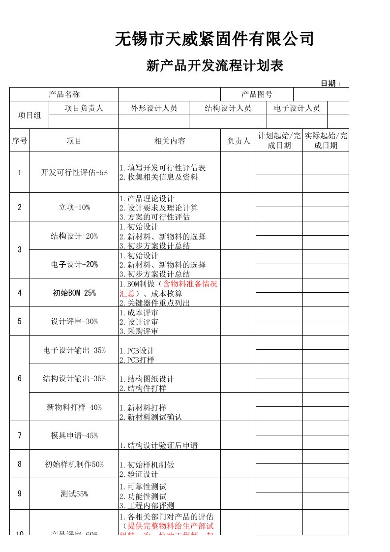 新产品开发流程计划表模板