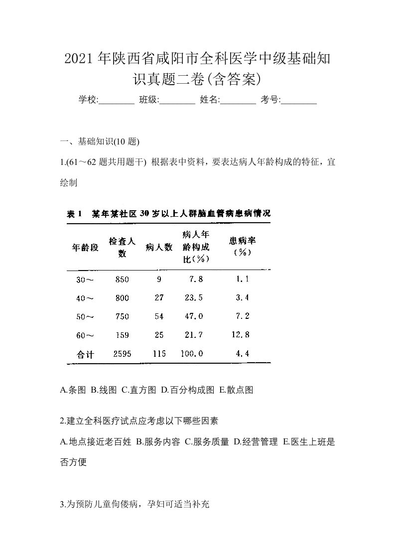 2021年陕西省咸阳市全科医学中级基础知识真题二卷含答案