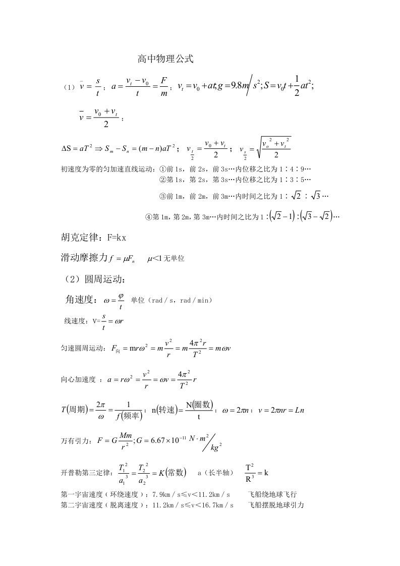 高中物理公式大全之完整版