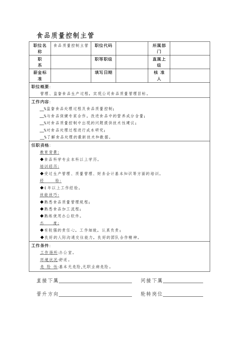 食品质量控制主管