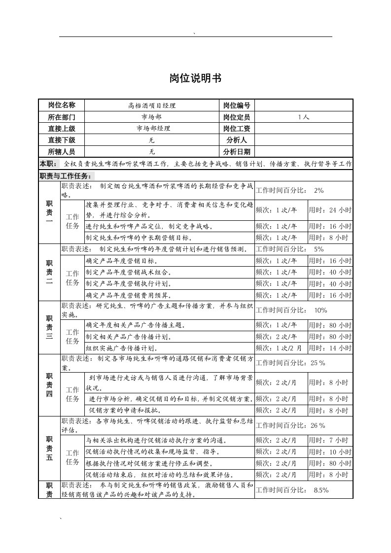 高档酒项目经理岗位说明书