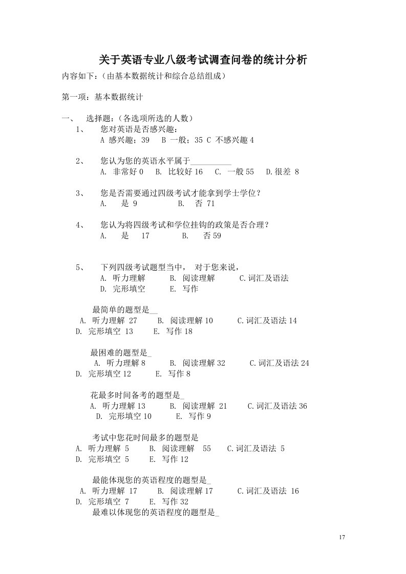 关于英语专业四八级考试的调查问卷的总结报告