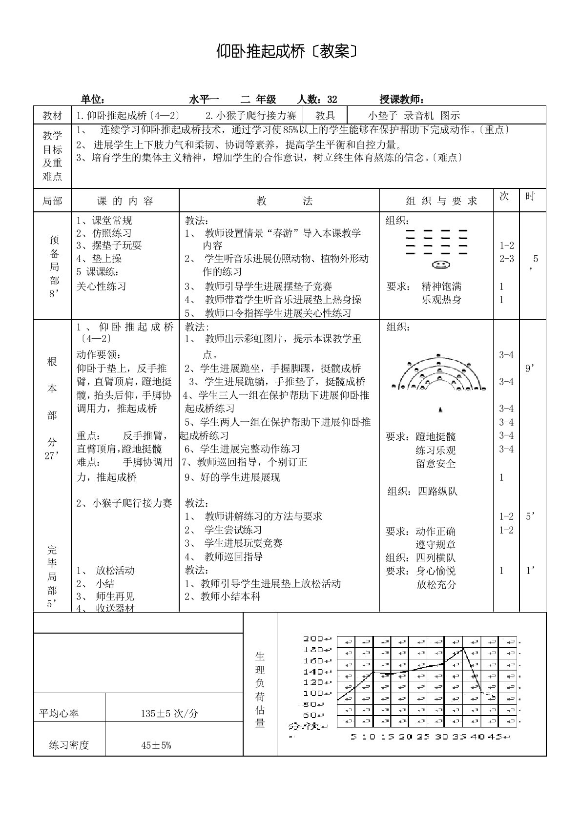 仰卧推起成桥(教案)-2023学年度人教版小学《体育与健康》(水平一)二年级上册