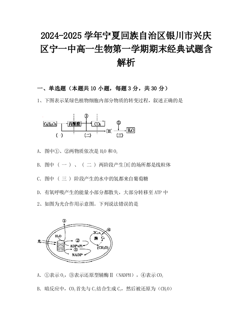 2024-2025学年宁夏回族自治区银川市兴庆区宁一中高一生物第一学期期末经典试题含解析