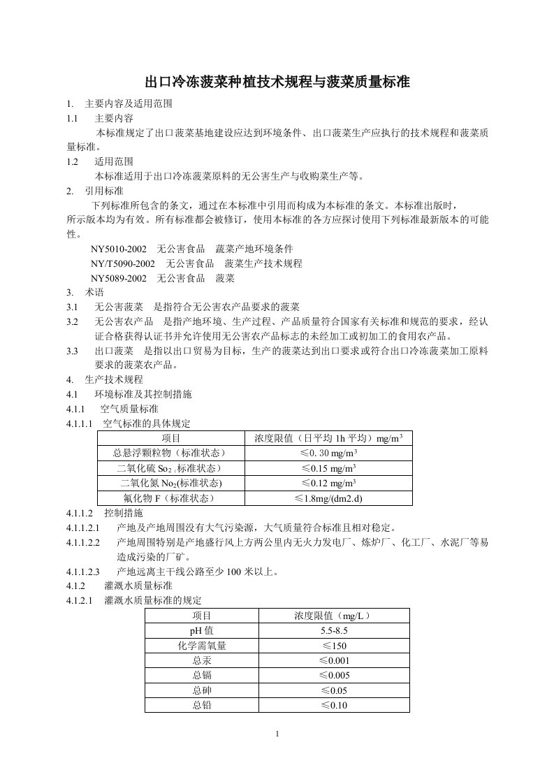 出口冷冻菠菜种植技术规程与菠菜质量标准