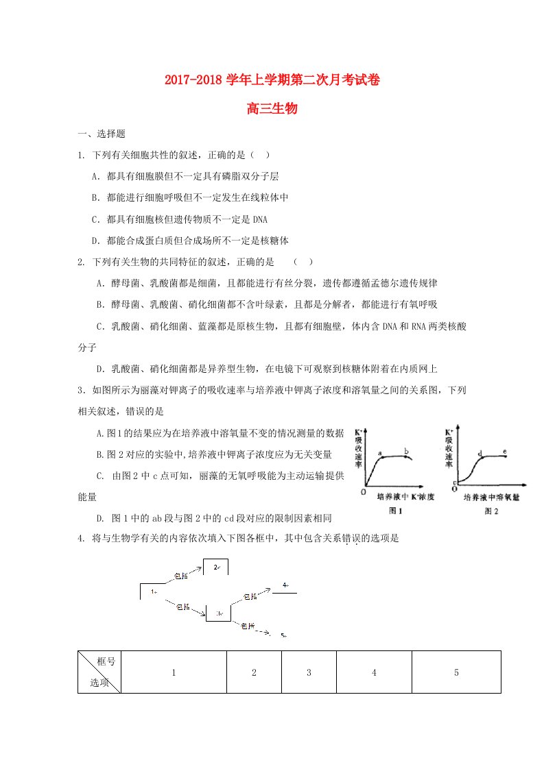 福建省莆田市高三生物上学期第二次月考试题