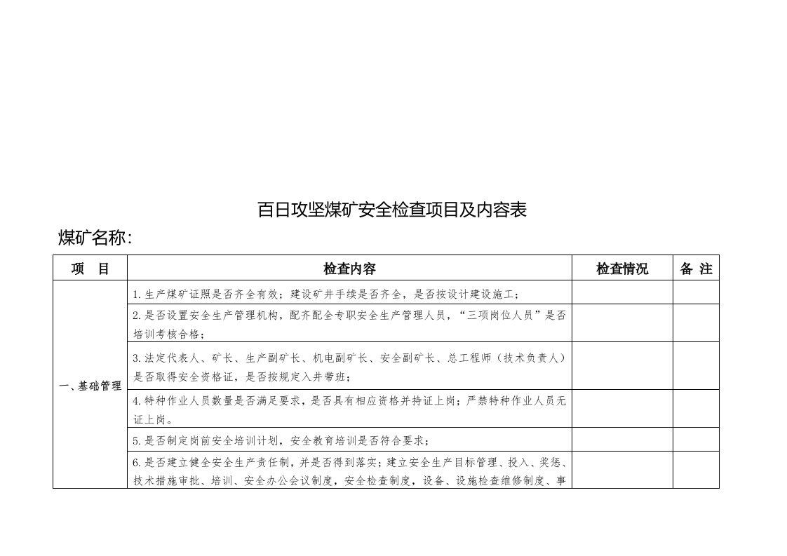 百日攻坚煤矿安全大检查项目表