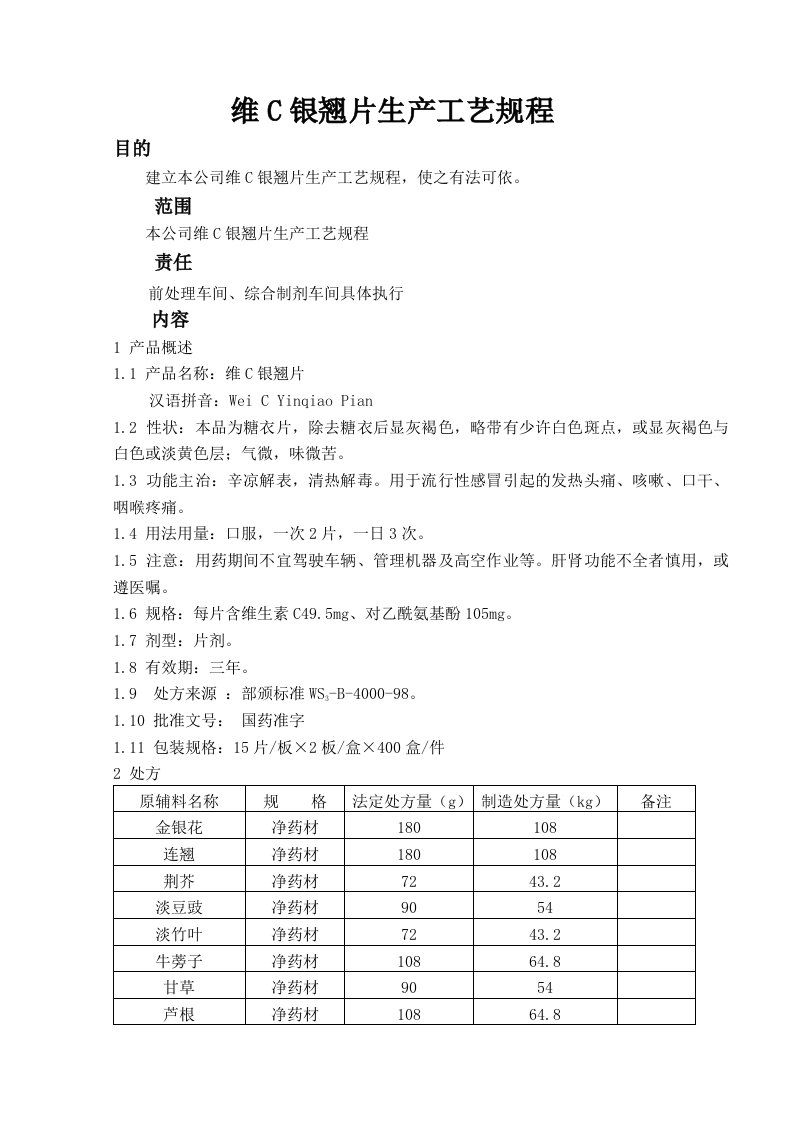 维C银翘片生产工艺规程