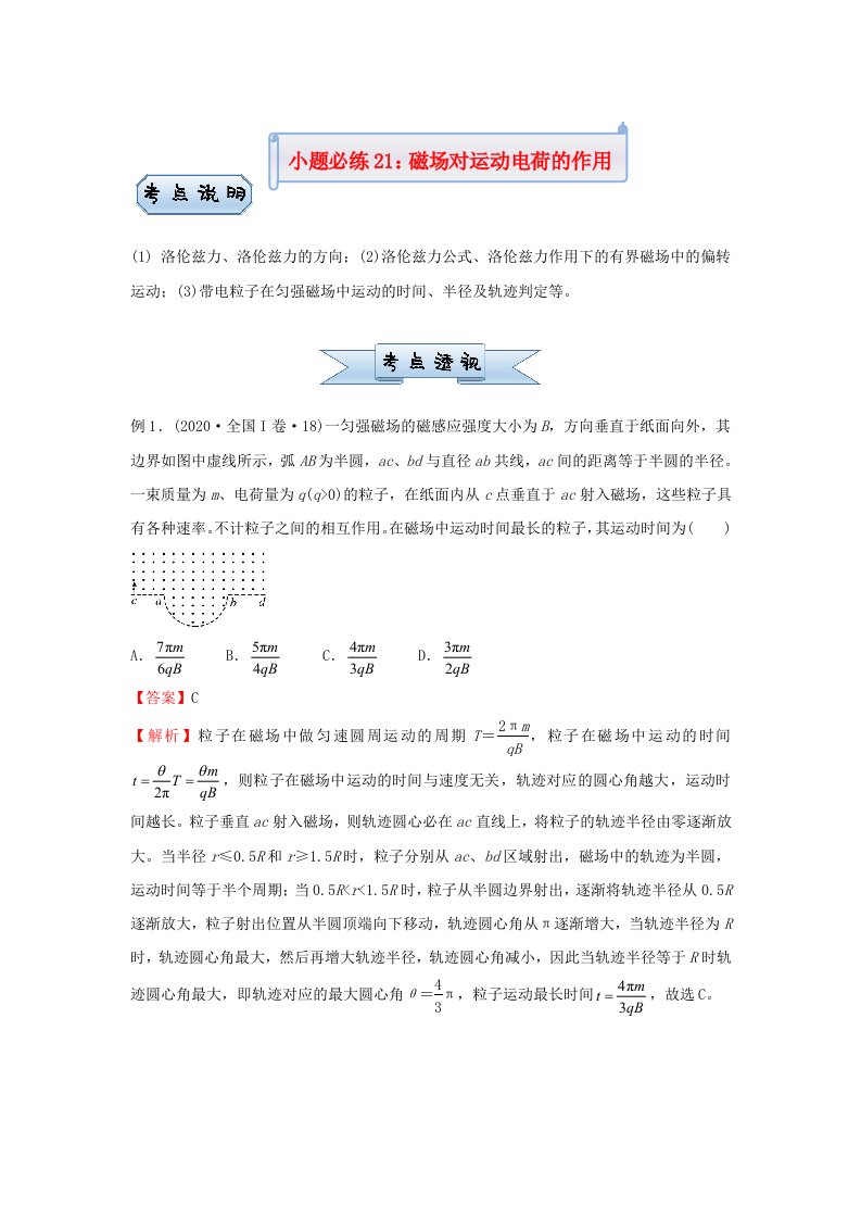 新高考2021届高考物理小题必练21磁吃运动电荷的作用