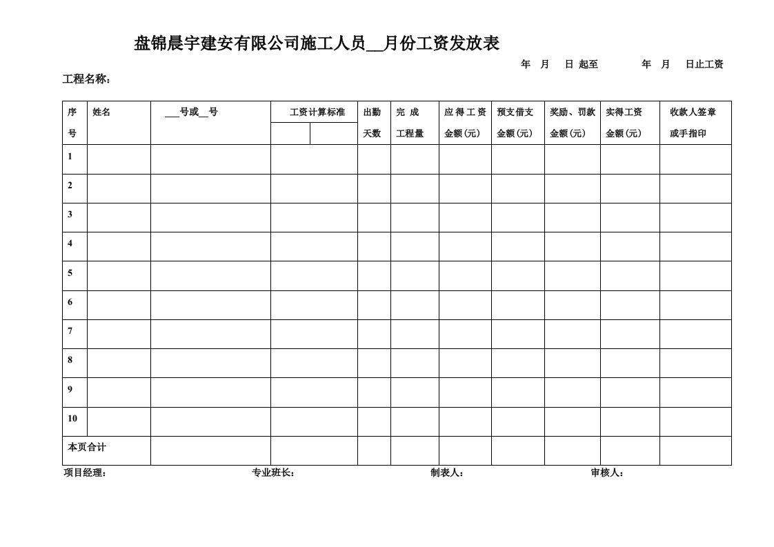 晨宇施工人员工资表