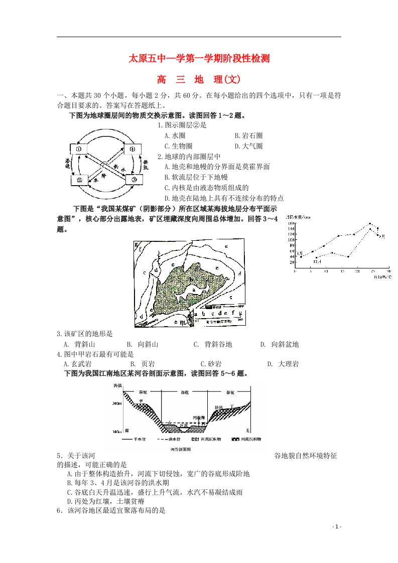 山西省太原五中高三地理第一次阶段性考试（10月月考）试题